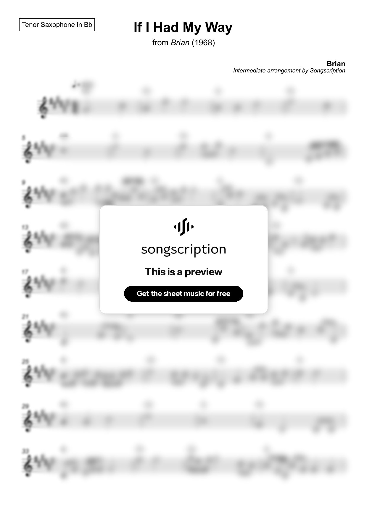 Intermediate Tenor Sax Sheet Music for "If I Had My Way" by Brian
