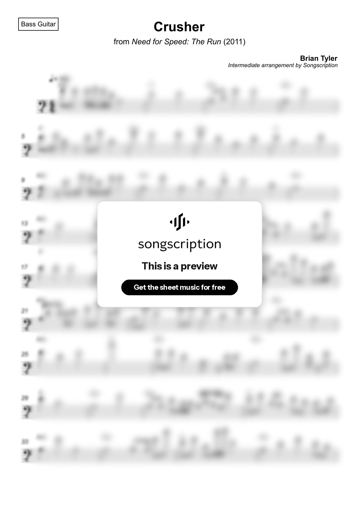Intermediate Bass Guitar Sheet Music for "Crusher" by Brian Tyler
