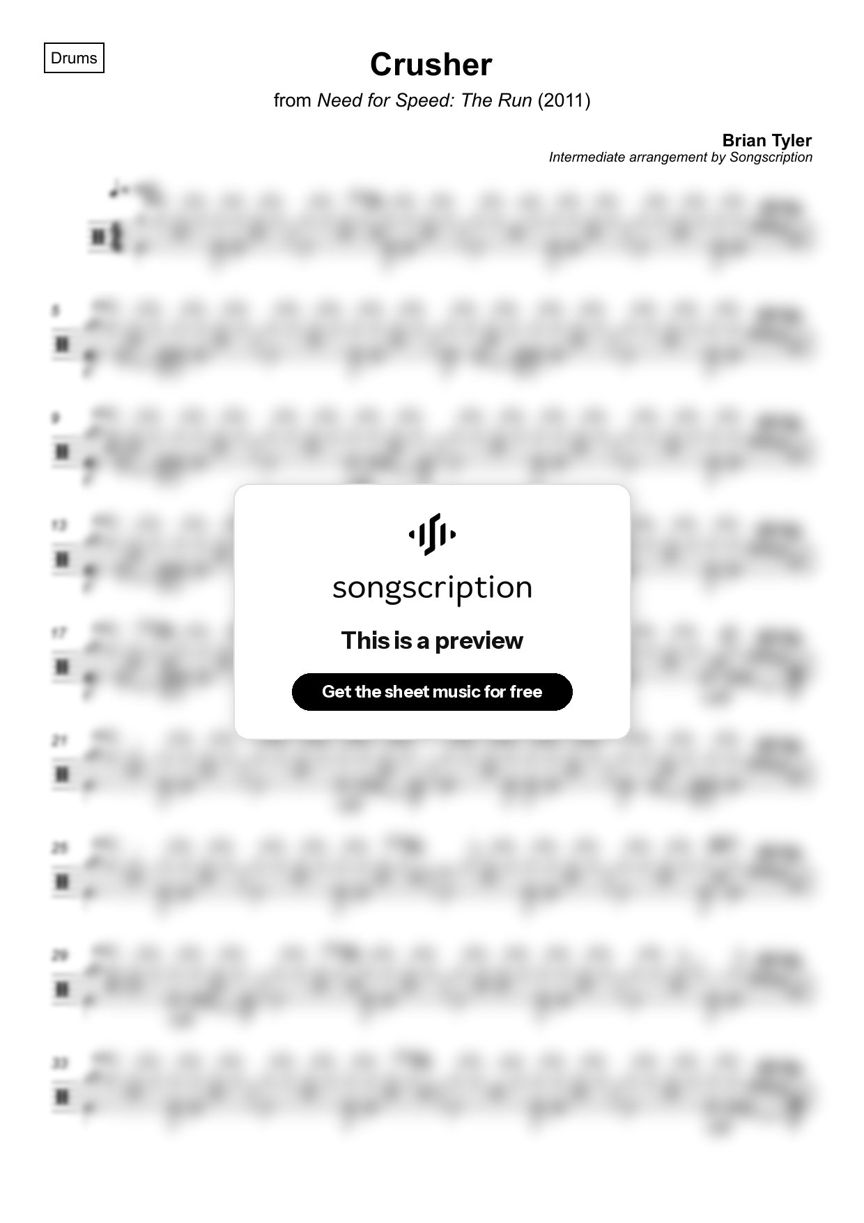 Intermediate Drums Sheet Music for "Crusher" by Brian Tyler