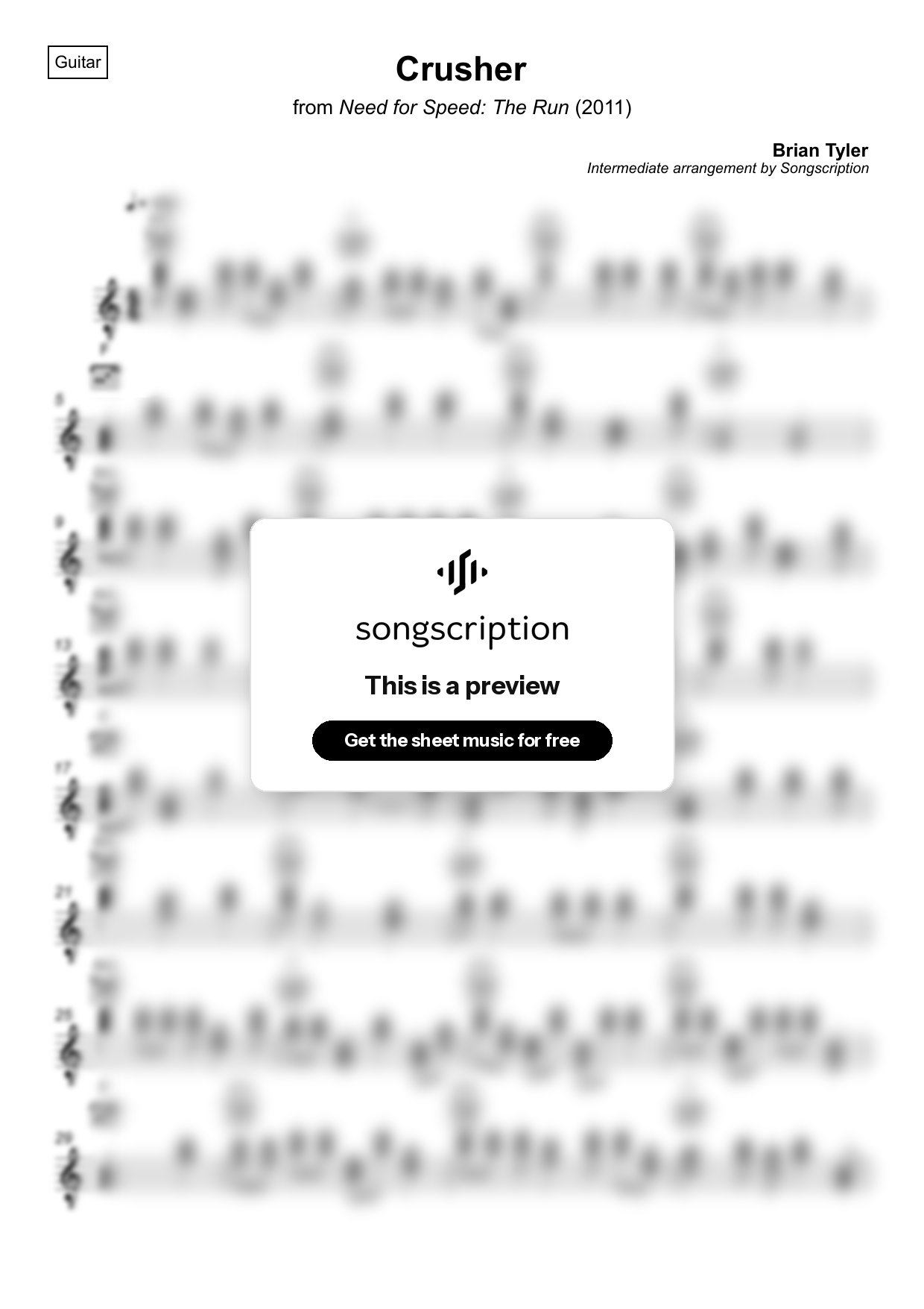 Intermediate Acoustic Guitar Sheet Music for "Crusher" by Brian Tyler