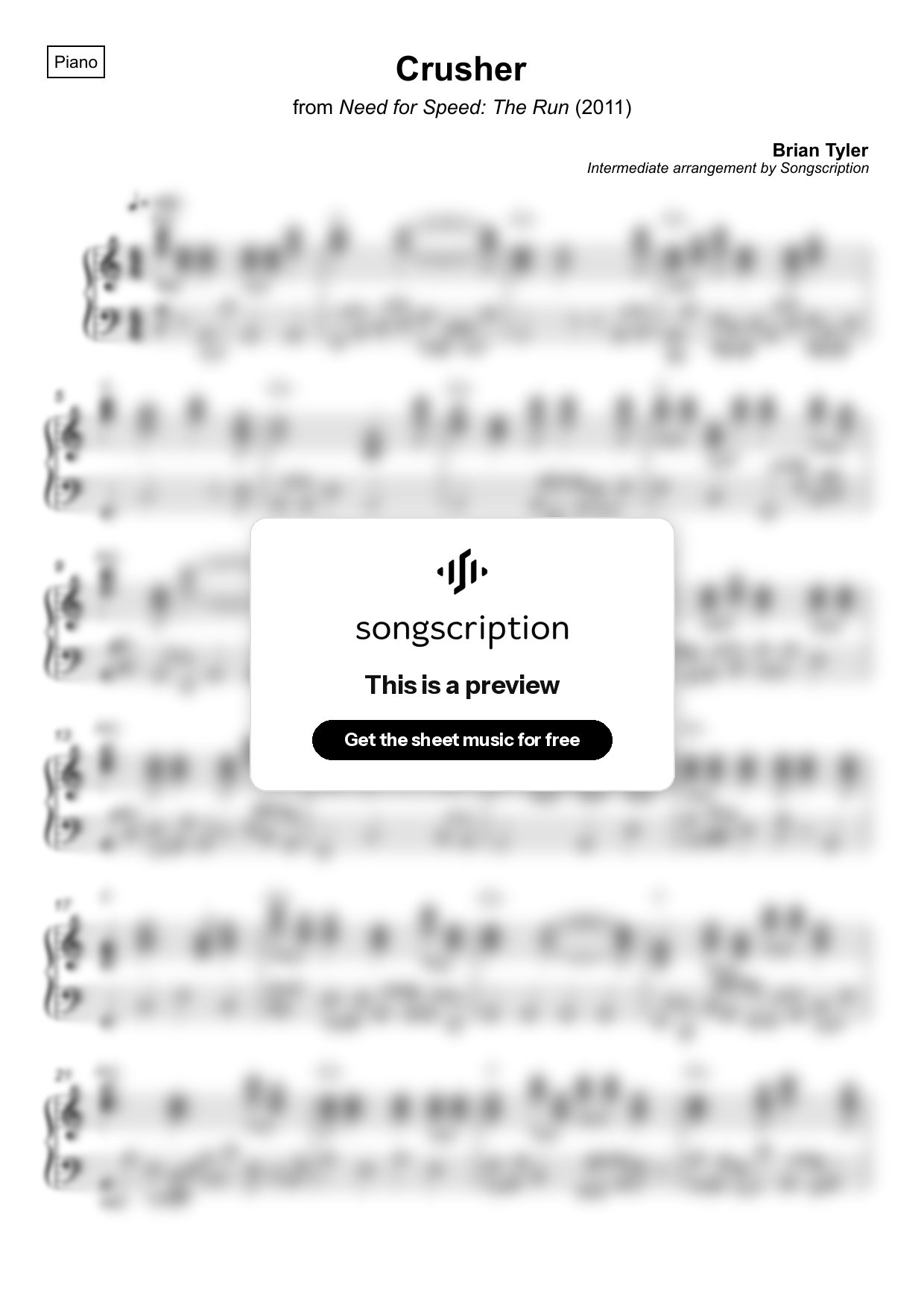 Intermediate Piano Sheet Music for "Crusher" by Brian Tyler