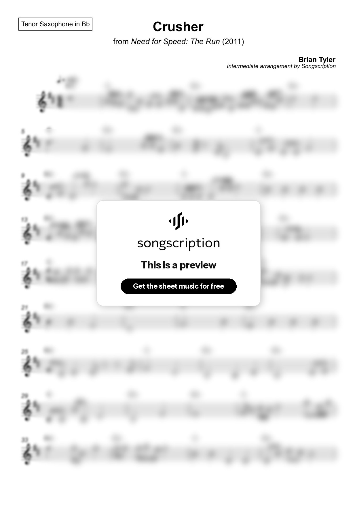 Intermediate Tenor Sax Sheet Music for "Crusher" by Brian Tyler