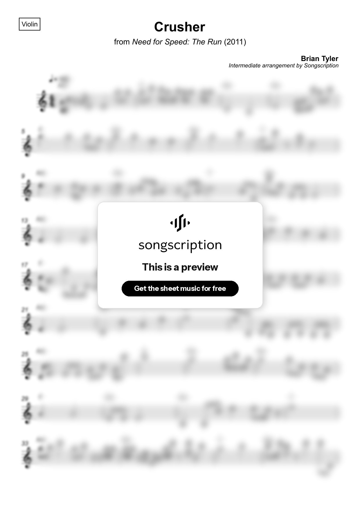 Intermediate Violin Sheet Music for "Crusher" by Brian Tyler