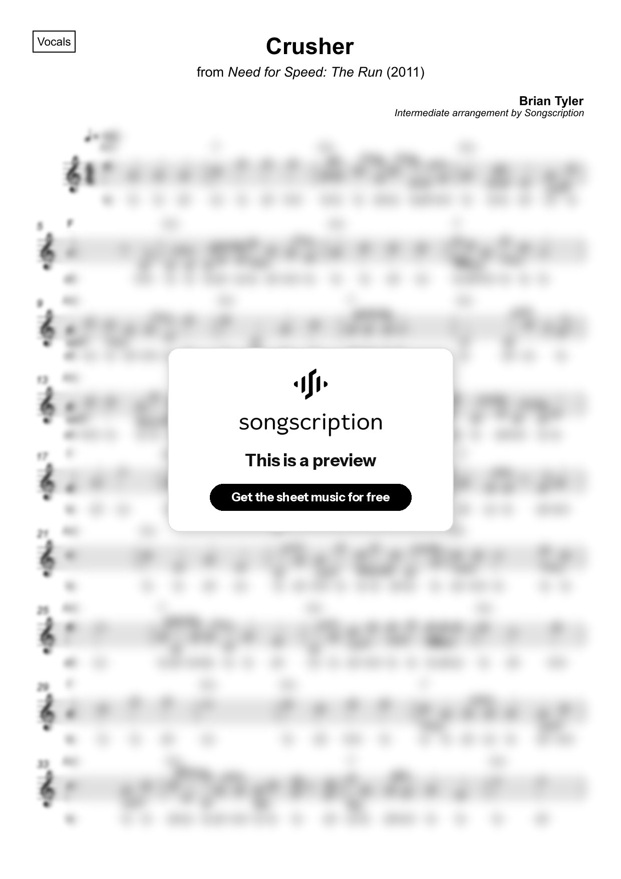 Intermediate Vocals Sheet Music for "Crusher" by Brian Tyler