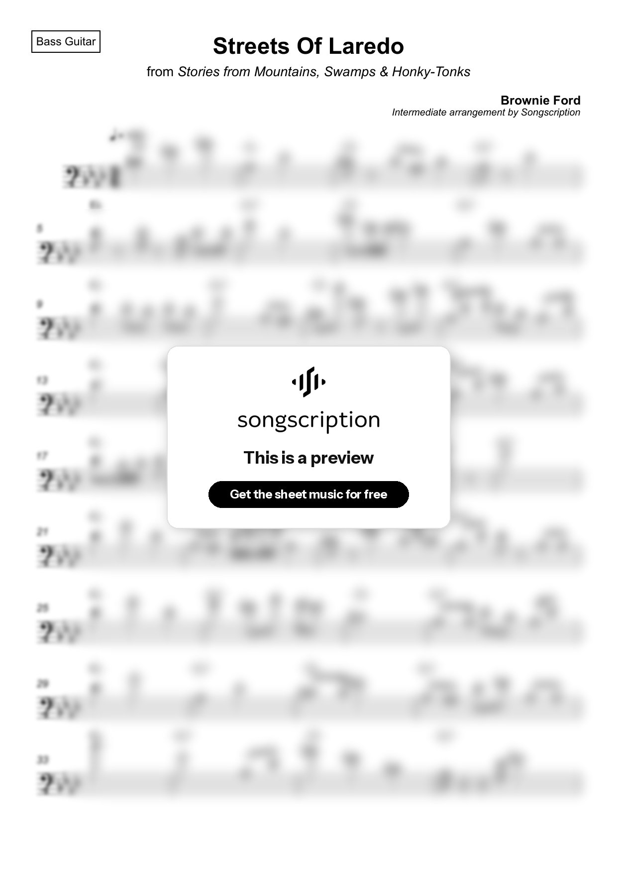 Intermediate Bass Guitar Sheet Music for "Streets Of Laredo" by Brownie Ford