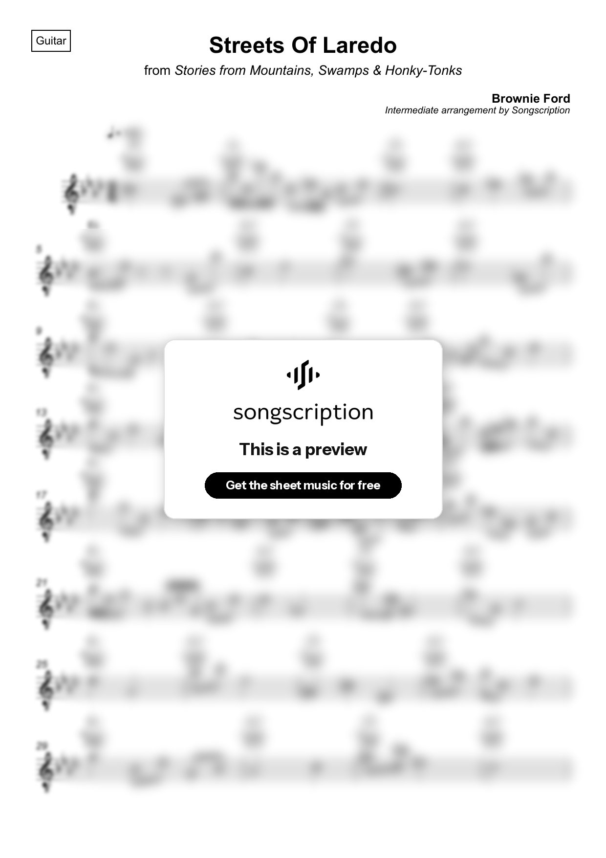 Intermediate Acoustic Guitar Sheet Music for "Streets Of Laredo" by Brownie Ford