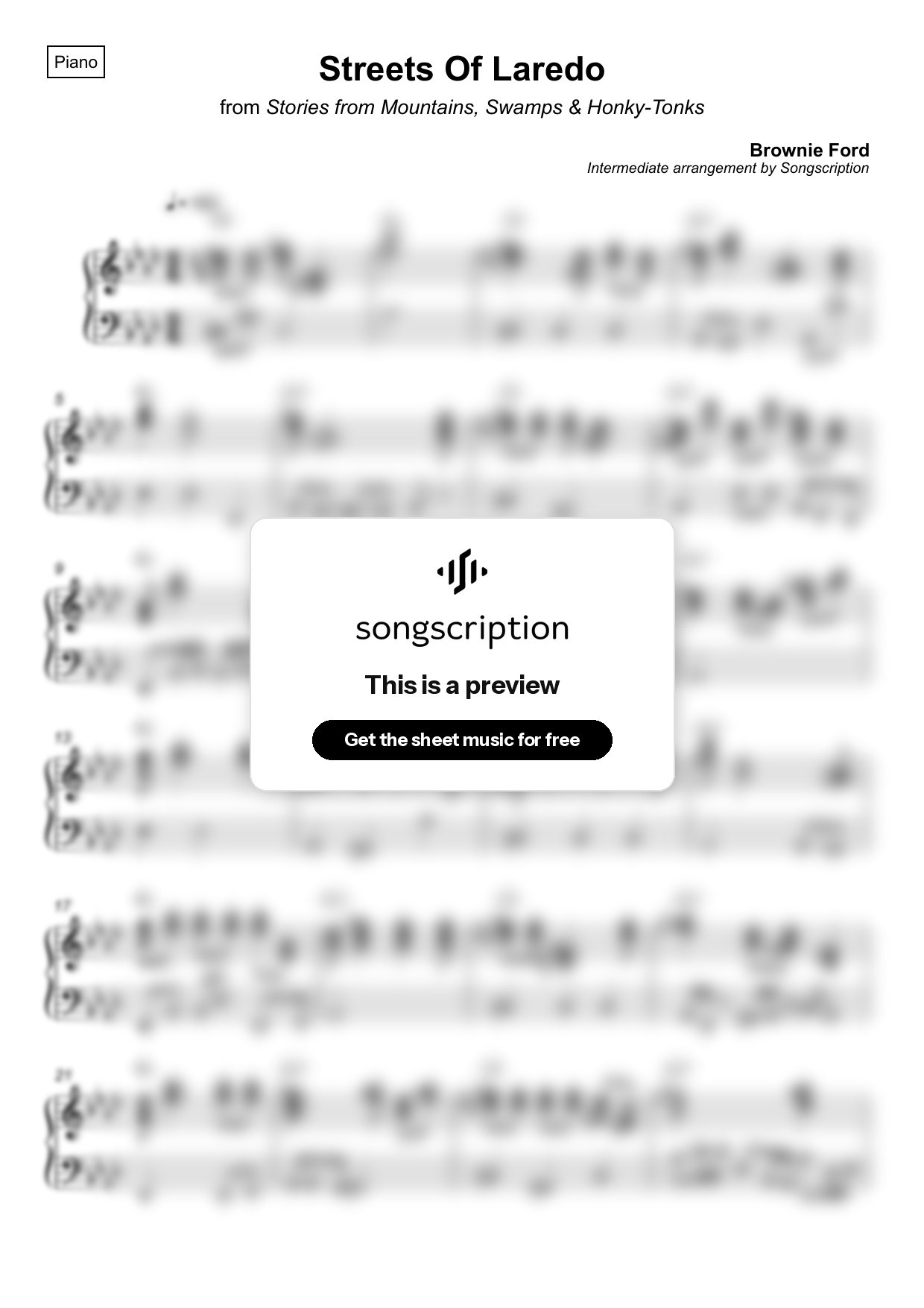 Intermediate Piano Sheet Music for "Streets Of Laredo" by Brownie Ford