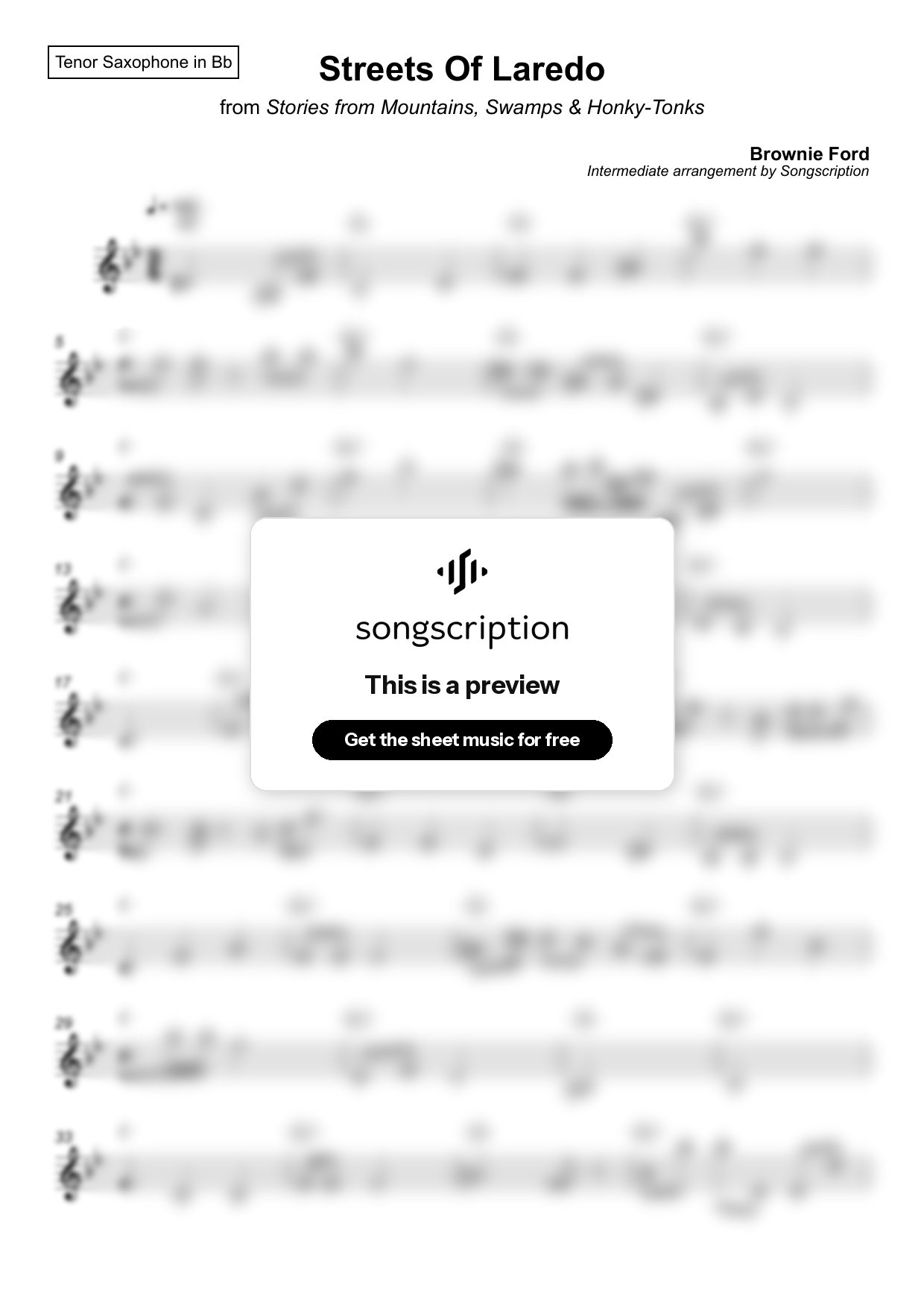 Intermediate Tenor Sax Sheet Music for "Streets Of Laredo" by Brownie Ford