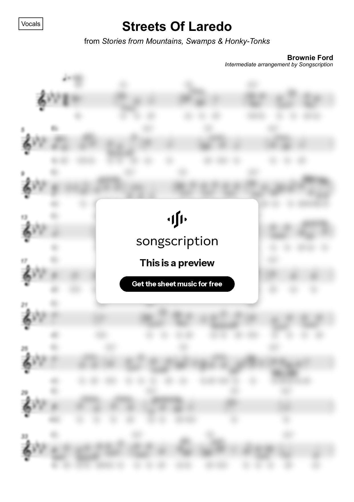 Intermediate Vocals Sheet Music for "Streets Of Laredo" by Brownie Ford