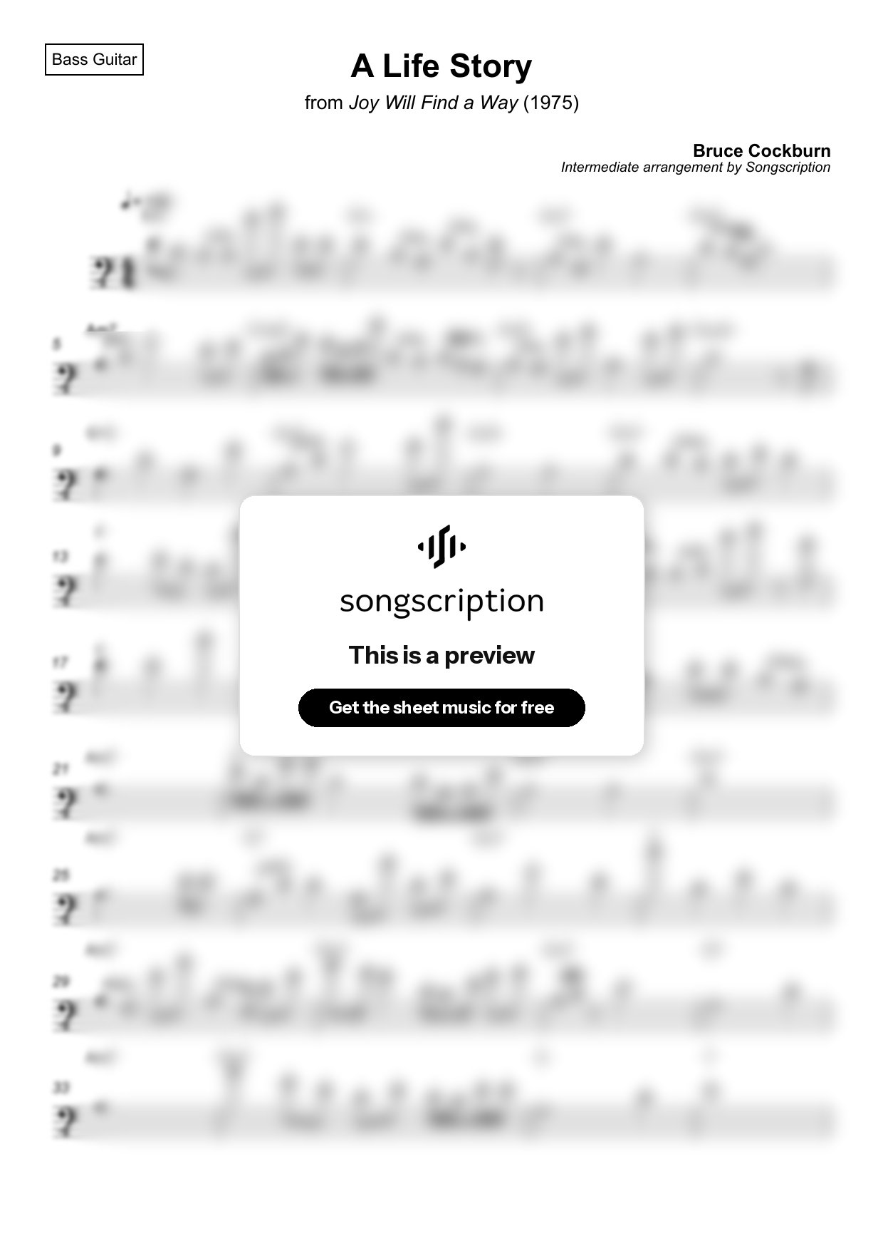 Intermediate Bass Guitar Sheet Music for "A Life Story" by Bruce Cockburn