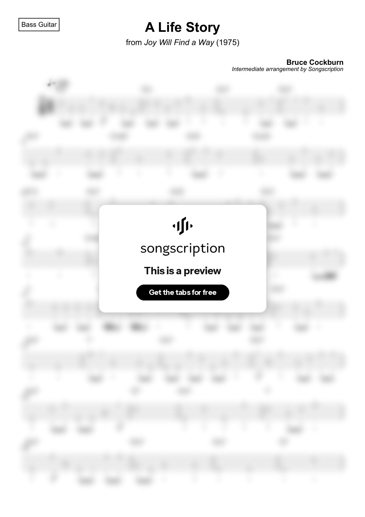 Intermediate Bass Guitar Tabs for "A Life Story" by Bruce Cockburn