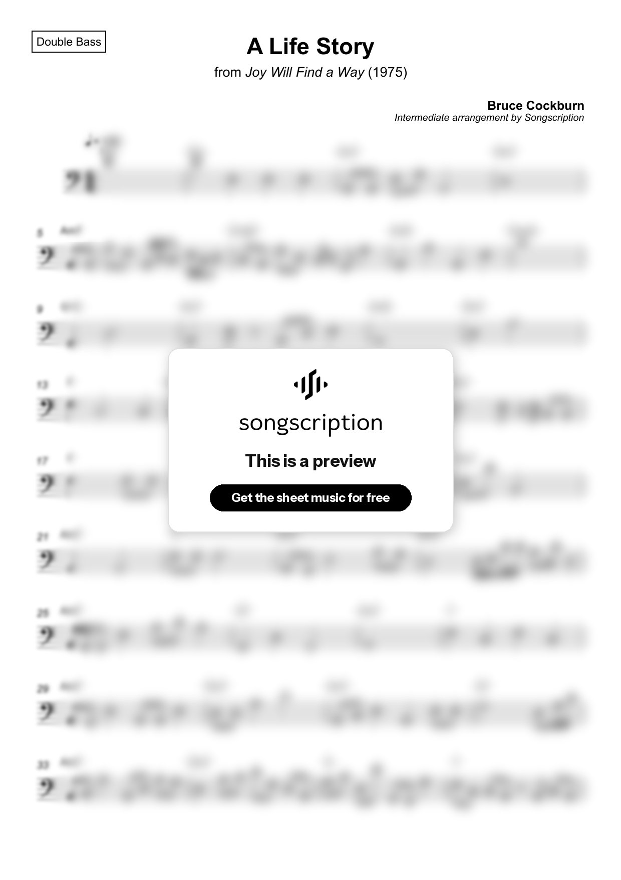 Intermediate Double Bass Sheet Music for "A Life Story" by Bruce Cockburn