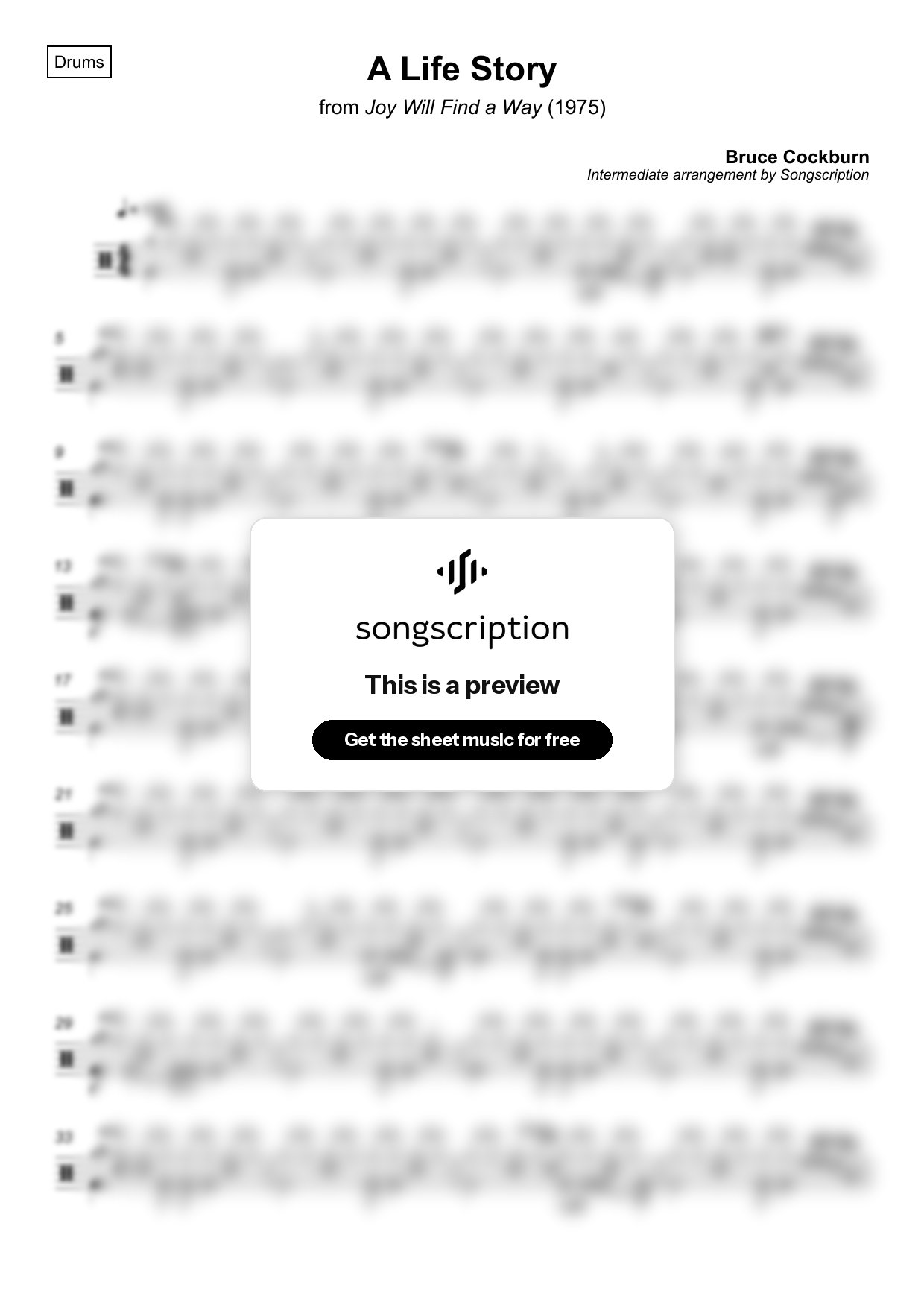Intermediate Drums Sheet Music for "A Life Story" by Bruce Cockburn