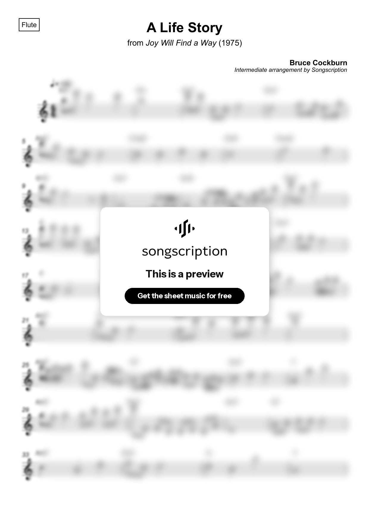 Intermediate Flute Sheet Music for "A Life Story" by Bruce Cockburn