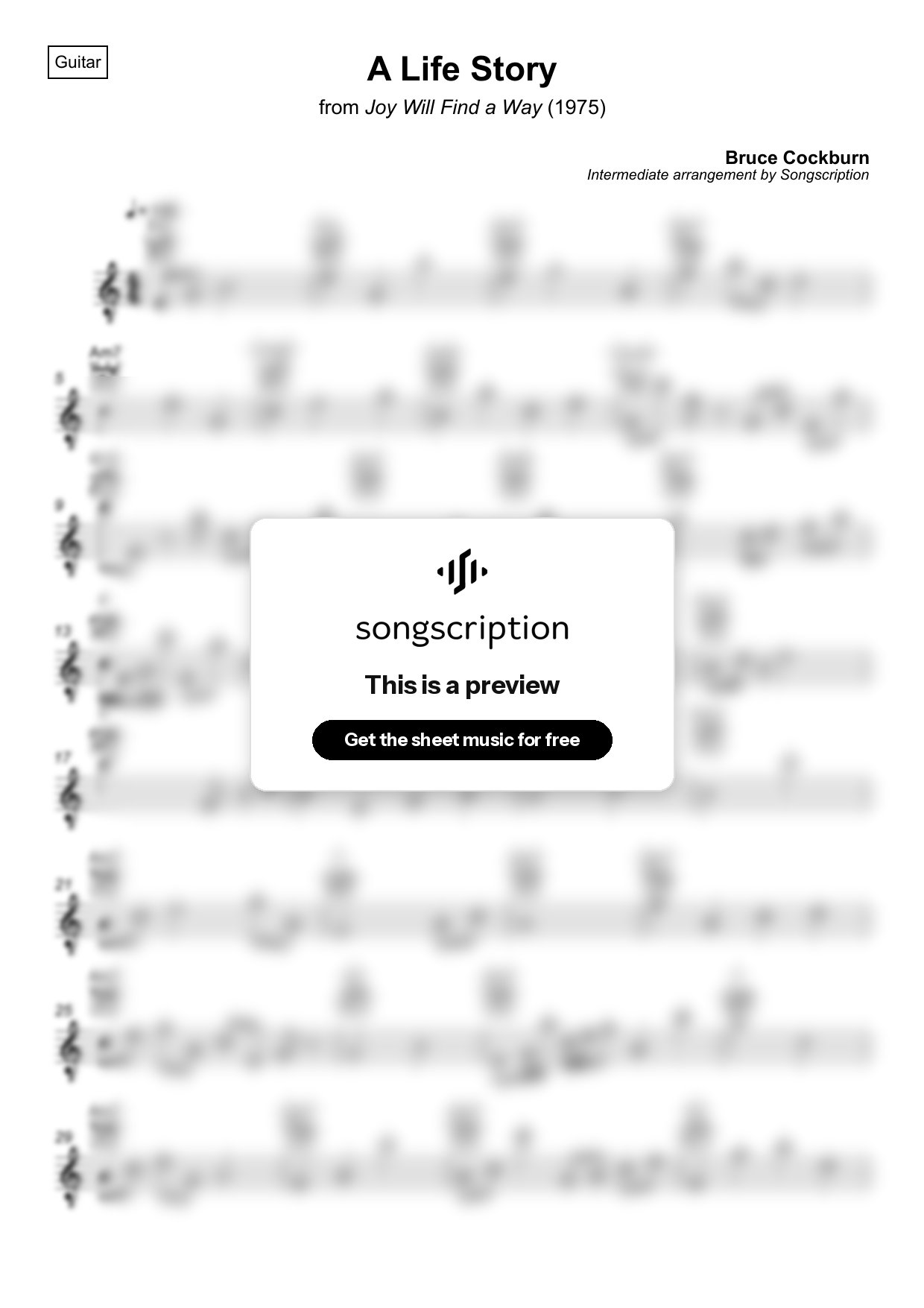 Intermediate Acoustic Guitar Sheet Music for "A Life Story" by Bruce Cockburn