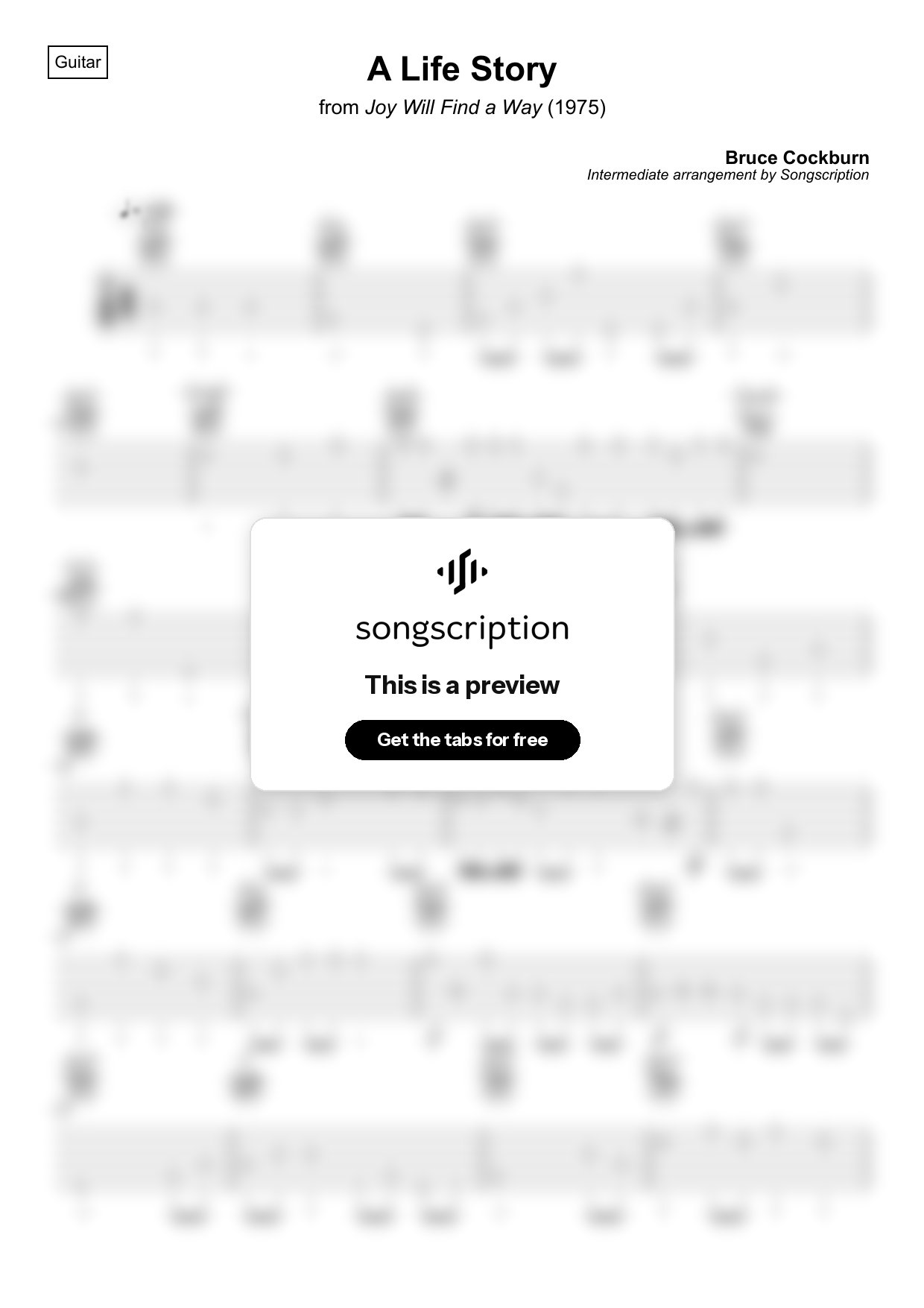 Intermediate Acoustic Guitar Tabs for "A Life Story" by Bruce Cockburn
