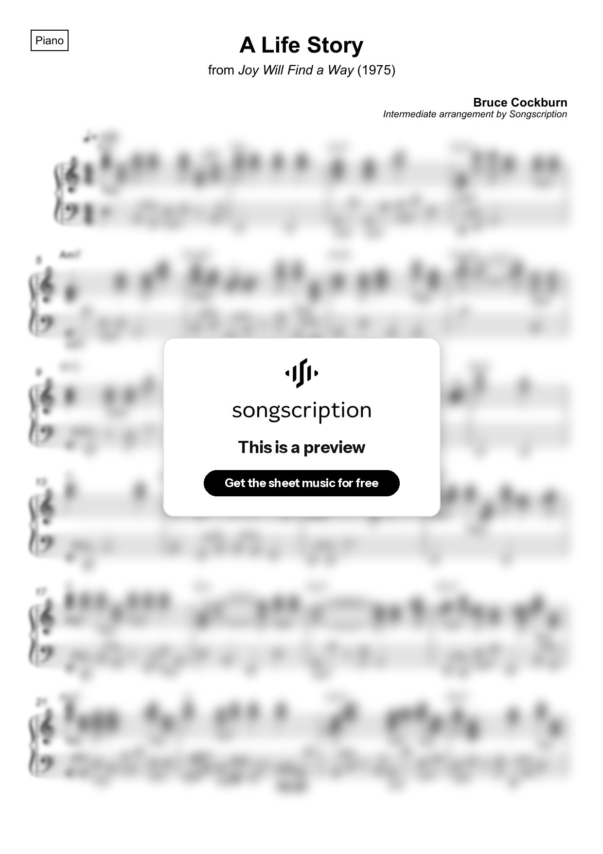 Intermediate Piano Sheet Music for "A Life Story" by Bruce Cockburn