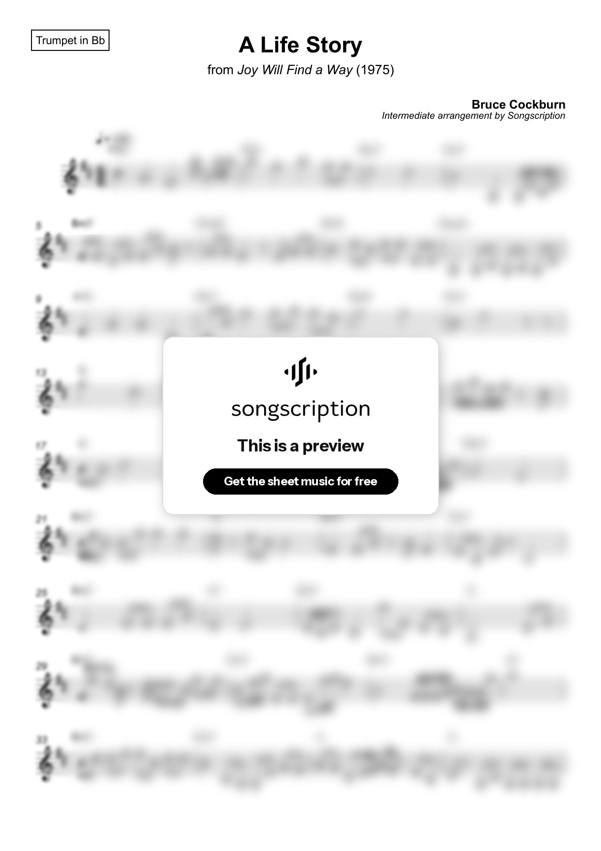 Intermediate Trumpet Sheet Music for "A Life Story" by Bruce Cockburn