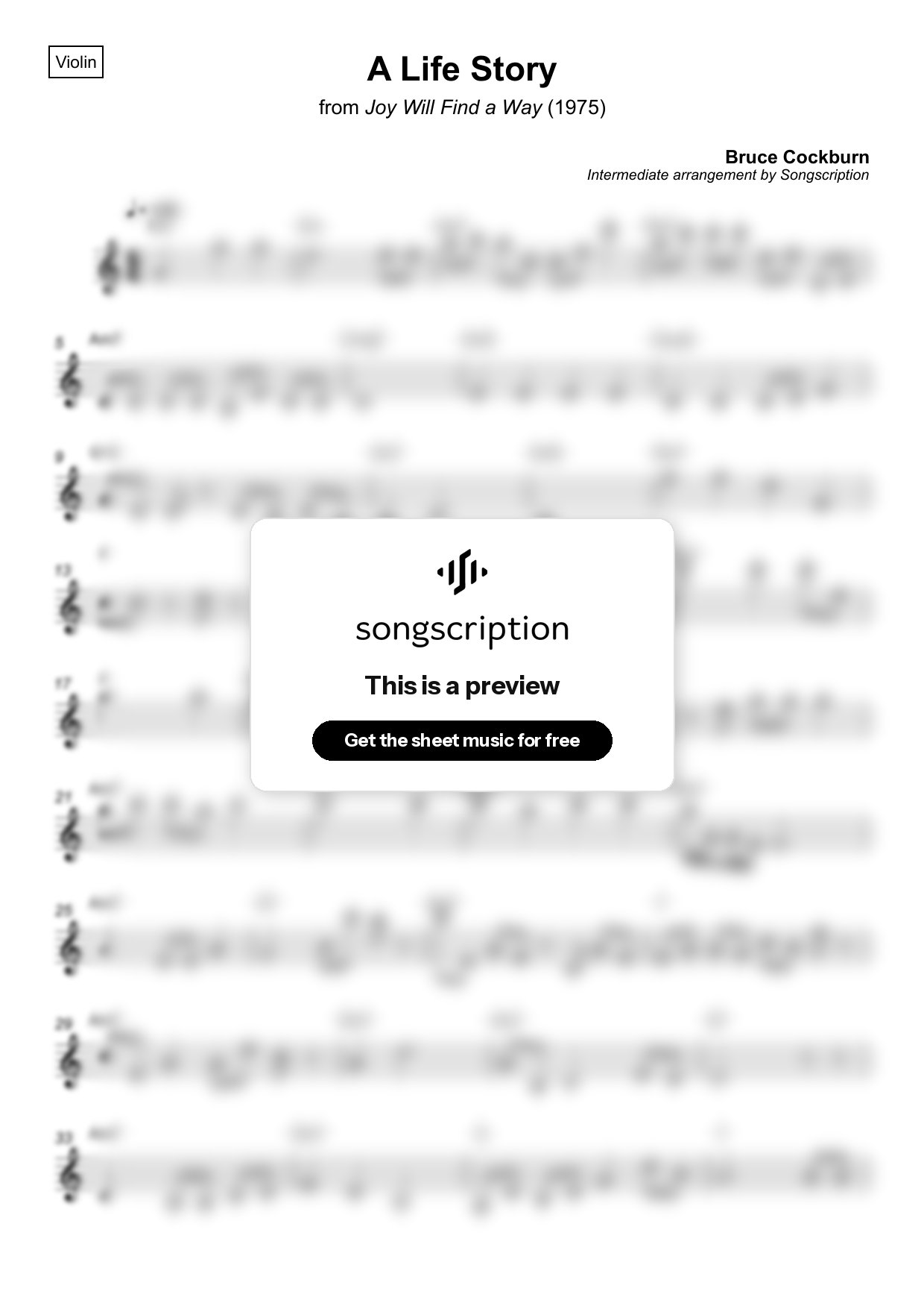 Intermediate Violin Sheet Music for "A Life Story" by Bruce Cockburn