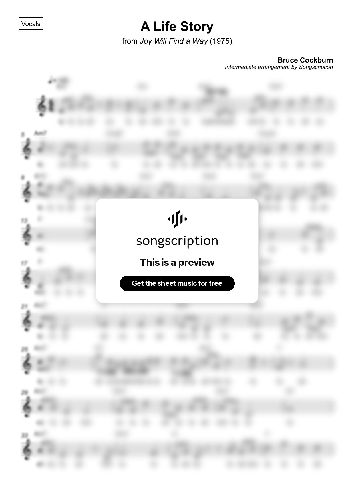Intermediate Vocals Sheet Music for "A Life Story" by Bruce Cockburn