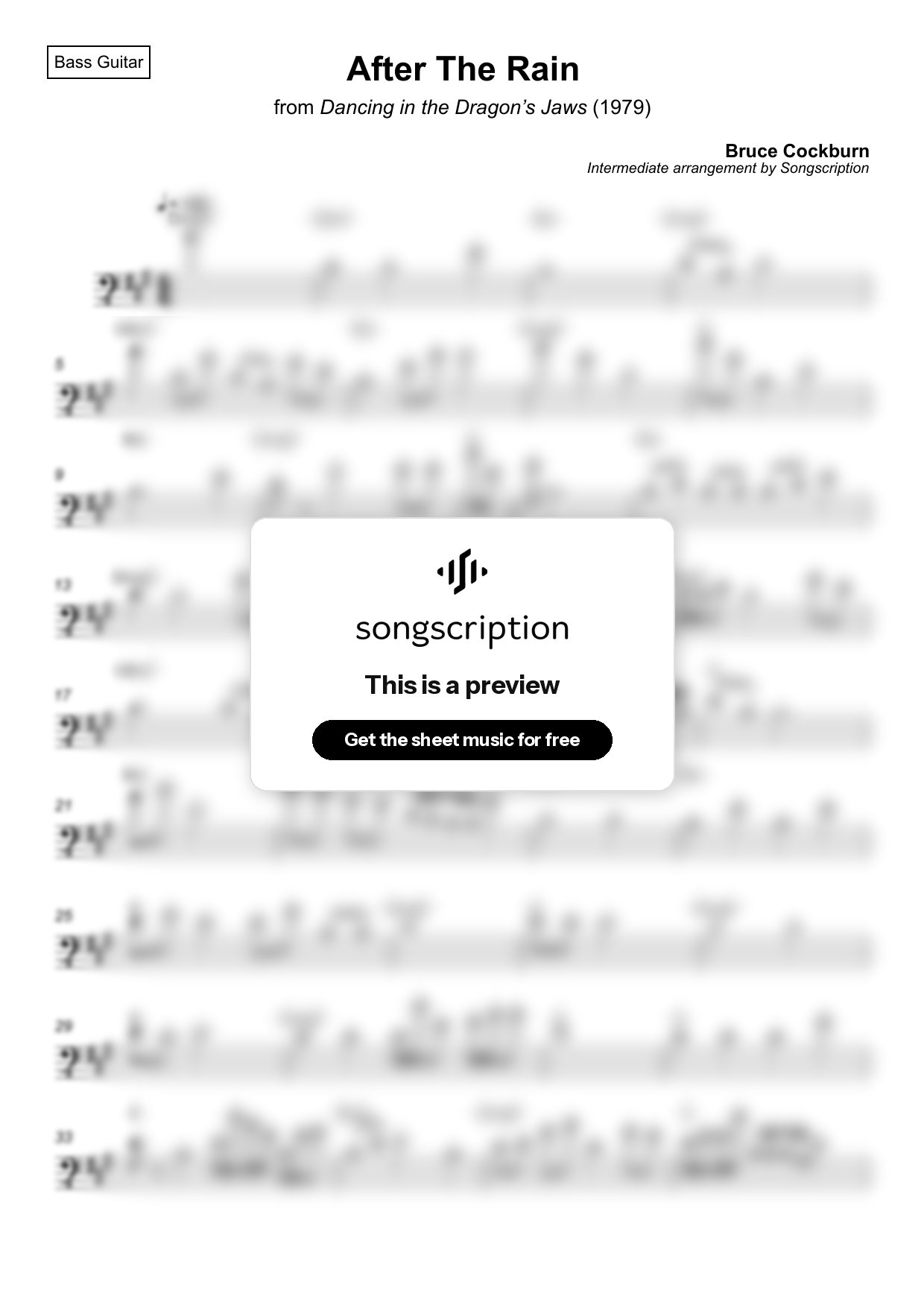Intermediate Bass Guitar Sheet Music for "After The Rain" by Bruce Cockburn