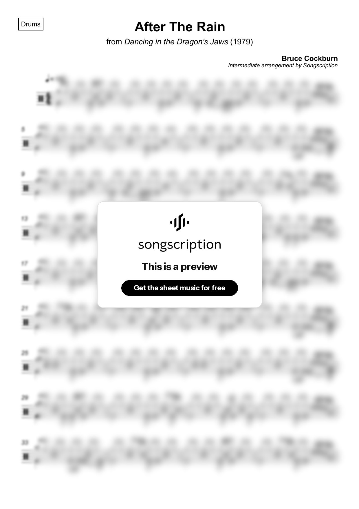 Intermediate Drums Sheet Music for "After The Rain" by Bruce Cockburn