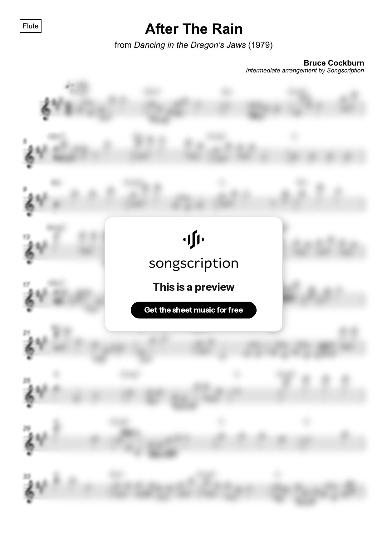 Intermediate Flute Sheet Music for "After The Rain" by Bruce Cockburn