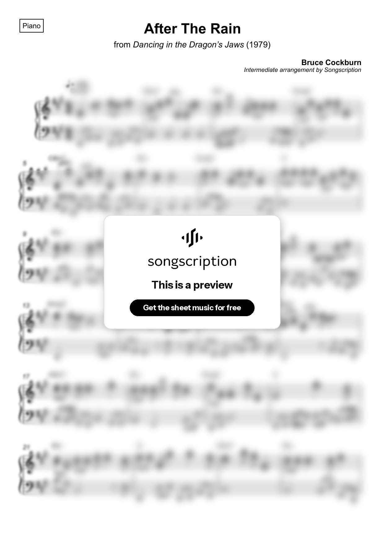 Intermediate Piano Sheet Music for "After The Rain" by Bruce Cockburn