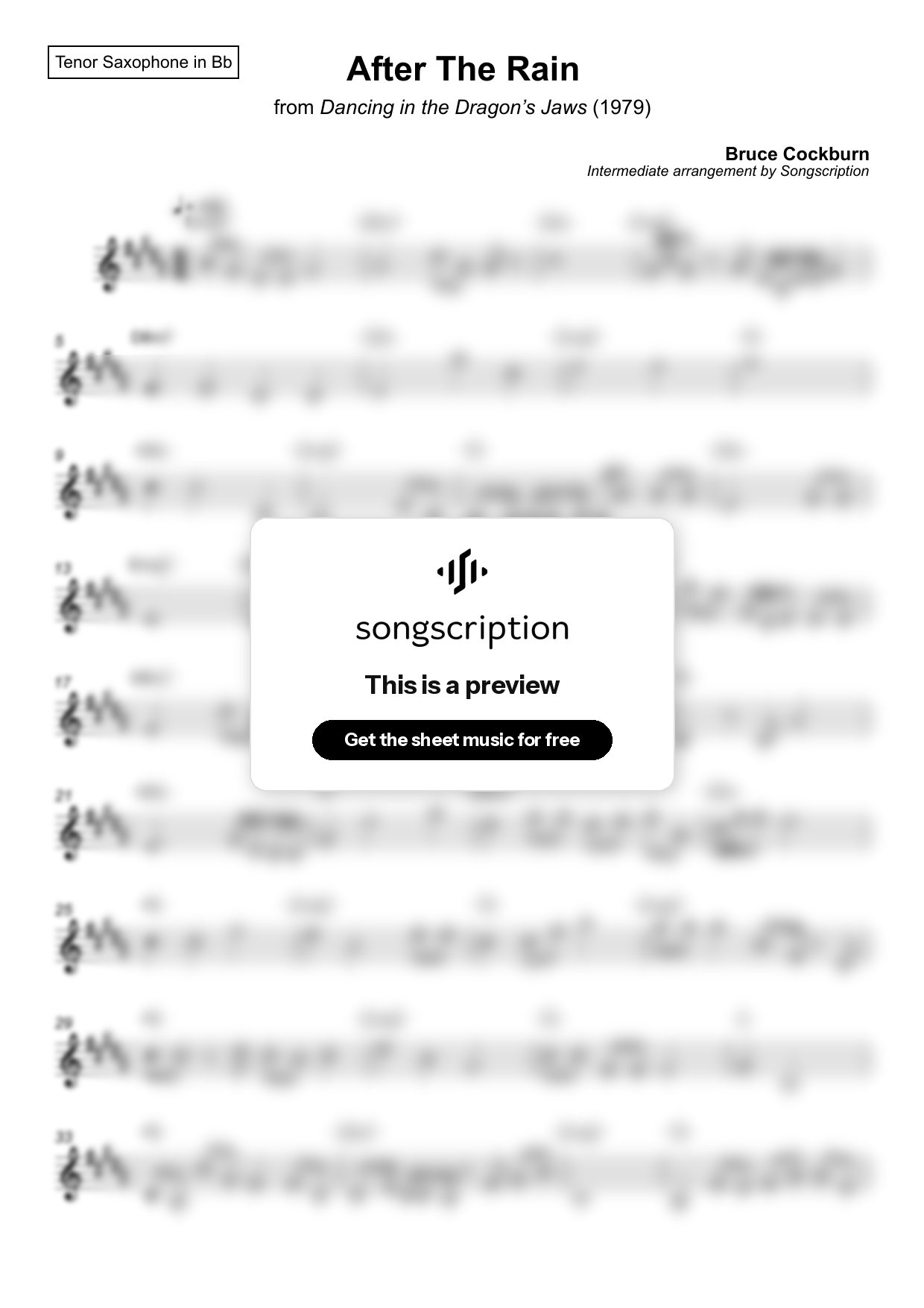 Intermediate Tenor Sax Sheet Music for "After The Rain" by Bruce Cockburn