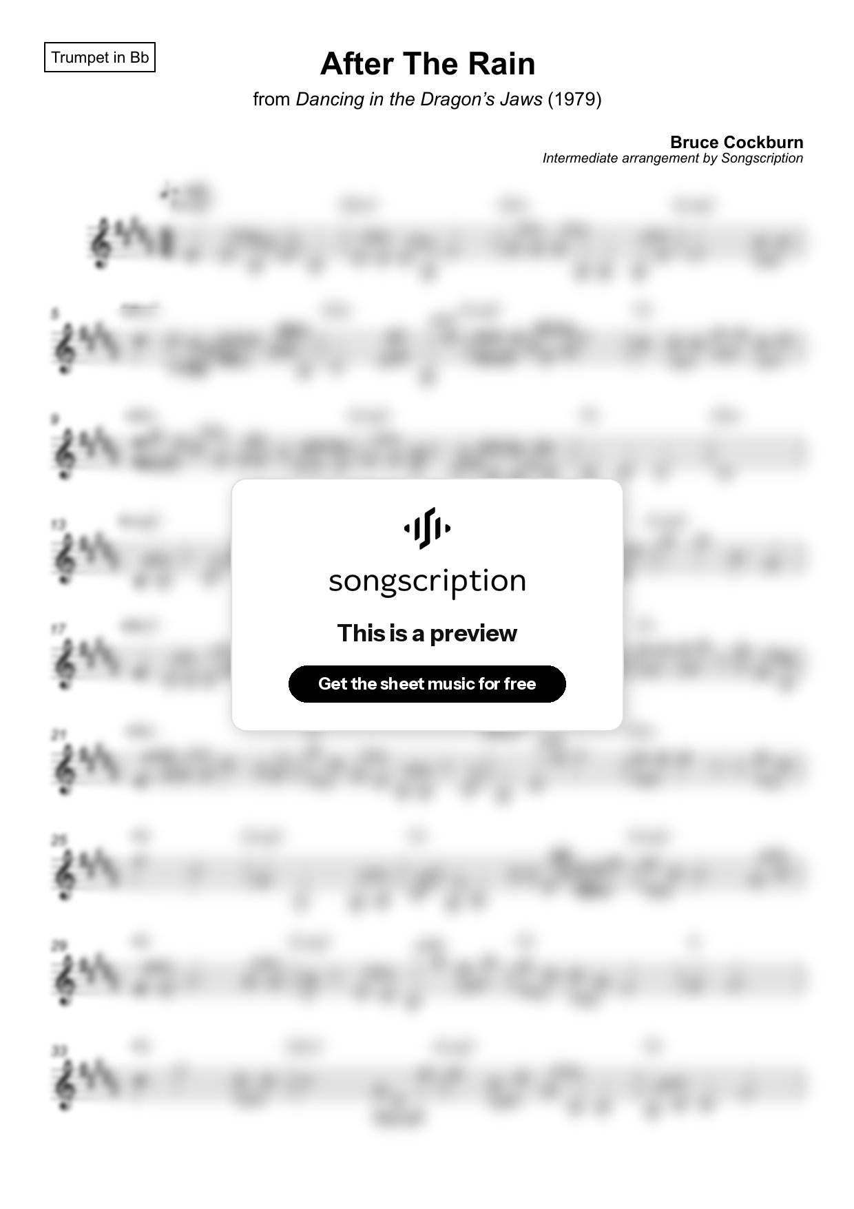 Intermediate Trumpet Sheet Music for "After The Rain" by Bruce Cockburn