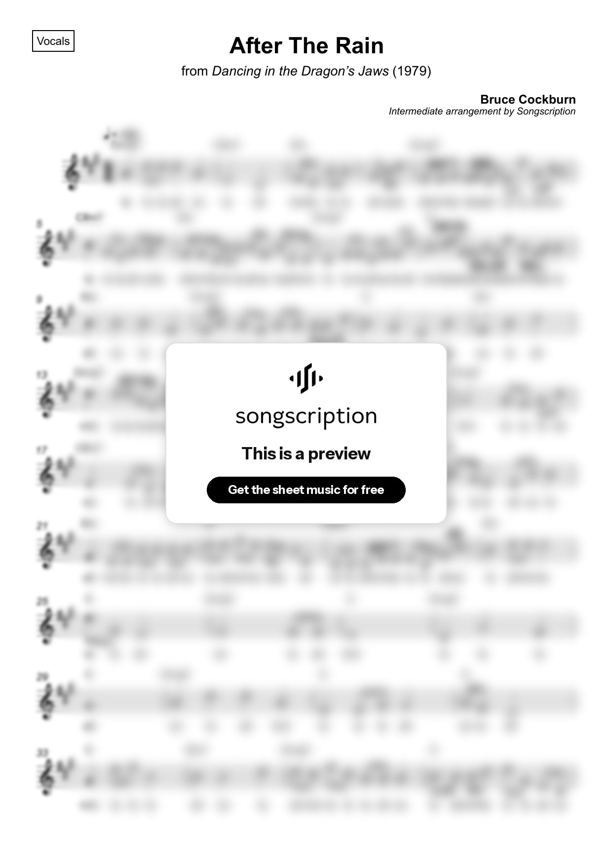 Intermediate Vocals Sheet Music for "After The Rain" by Bruce Cockburn