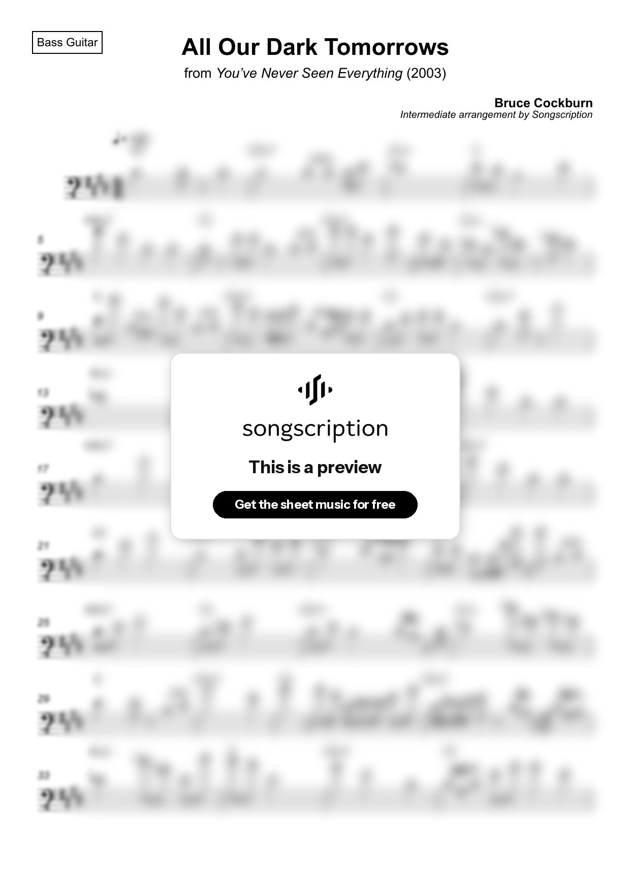 Intermediate Bass Guitar Sheet Music for "All Our Dark Tomorrows" by Bruce Cockburn