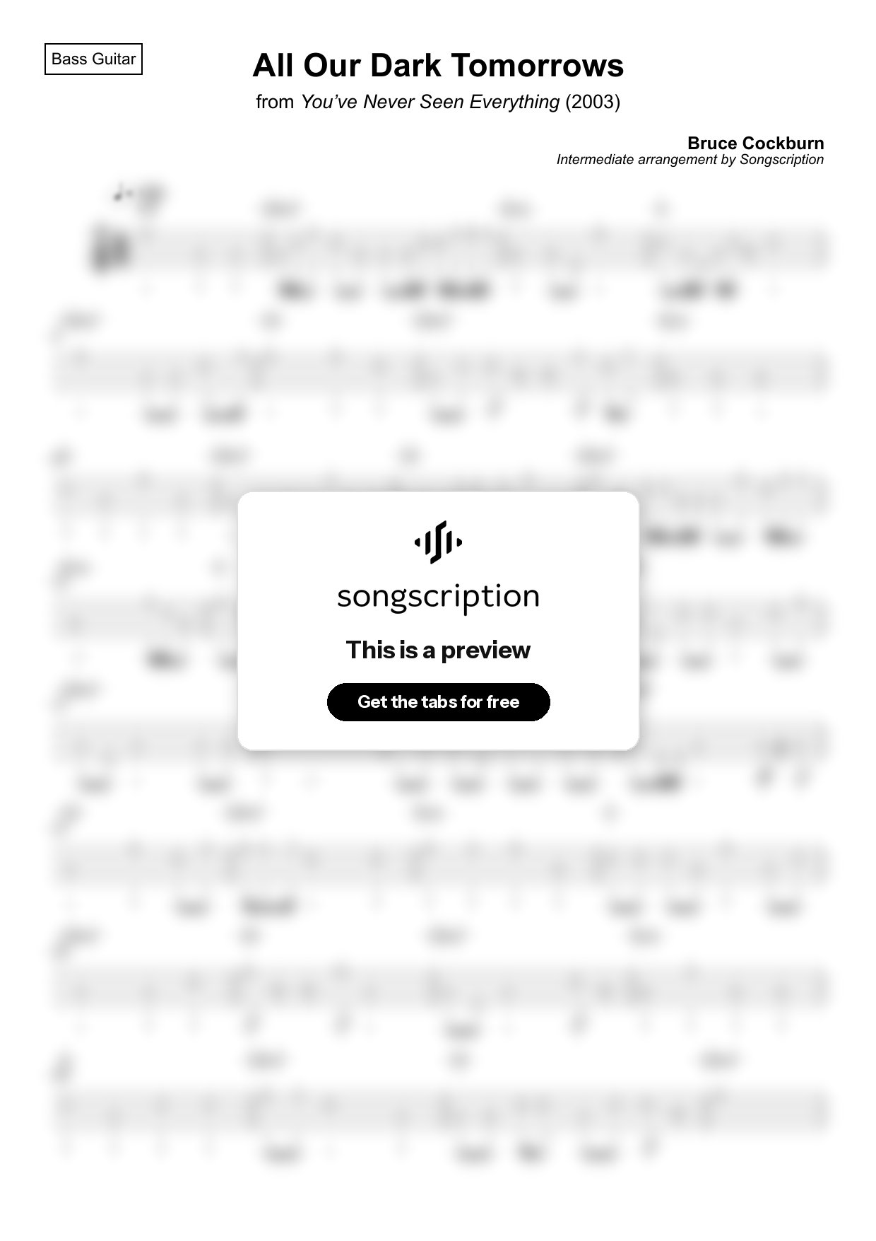 Intermediate Bass Guitar Tabs for "All Our Dark Tomorrows" by Bruce Cockburn