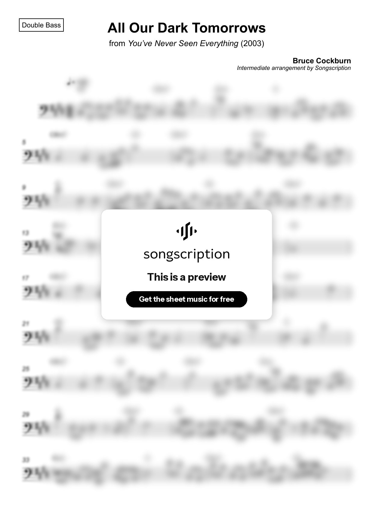 Intermediate Double Bass Sheet Music for "All Our Dark Tomorrows" by Bruce Cockburn