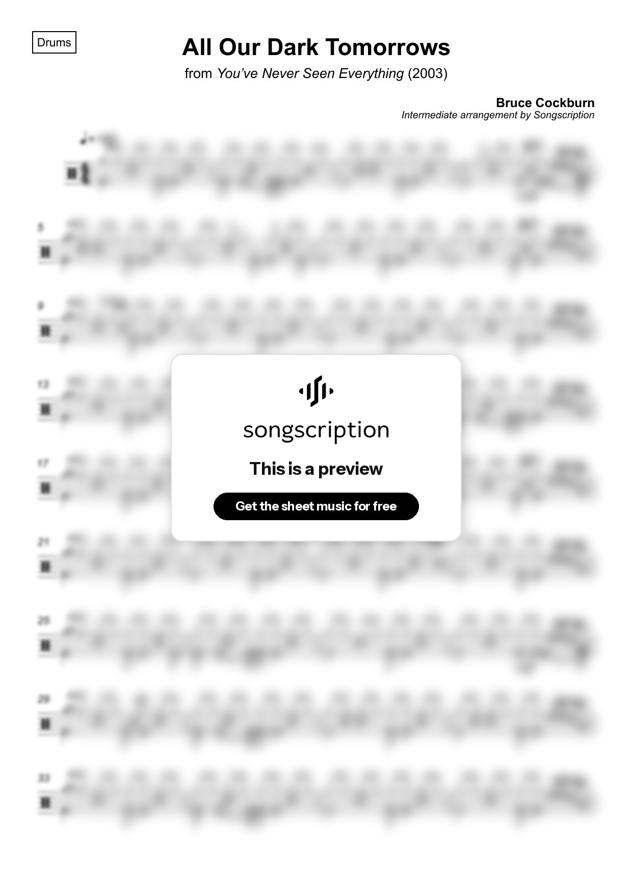 Intermediate Drums Sheet Music for "All Our Dark Tomorrows" by Bruce Cockburn