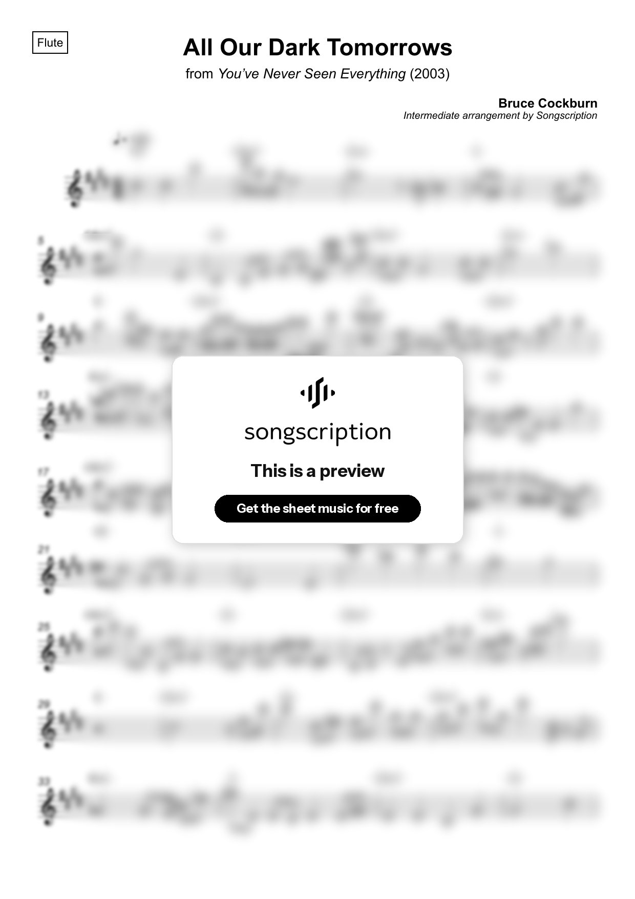 Intermediate Flute Sheet Music for "All Our Dark Tomorrows" by Bruce Cockburn