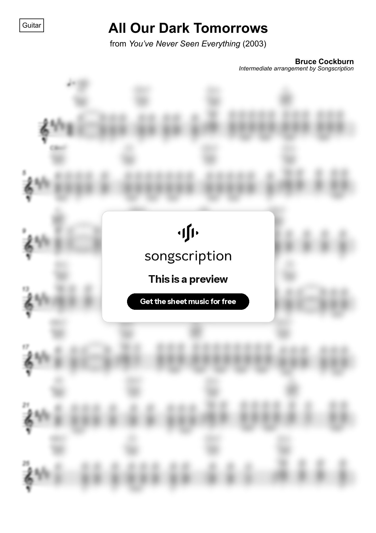 Intermediate Acoustic Guitar Sheet Music for "All Our Dark Tomorrows" by Bruce Cockburn