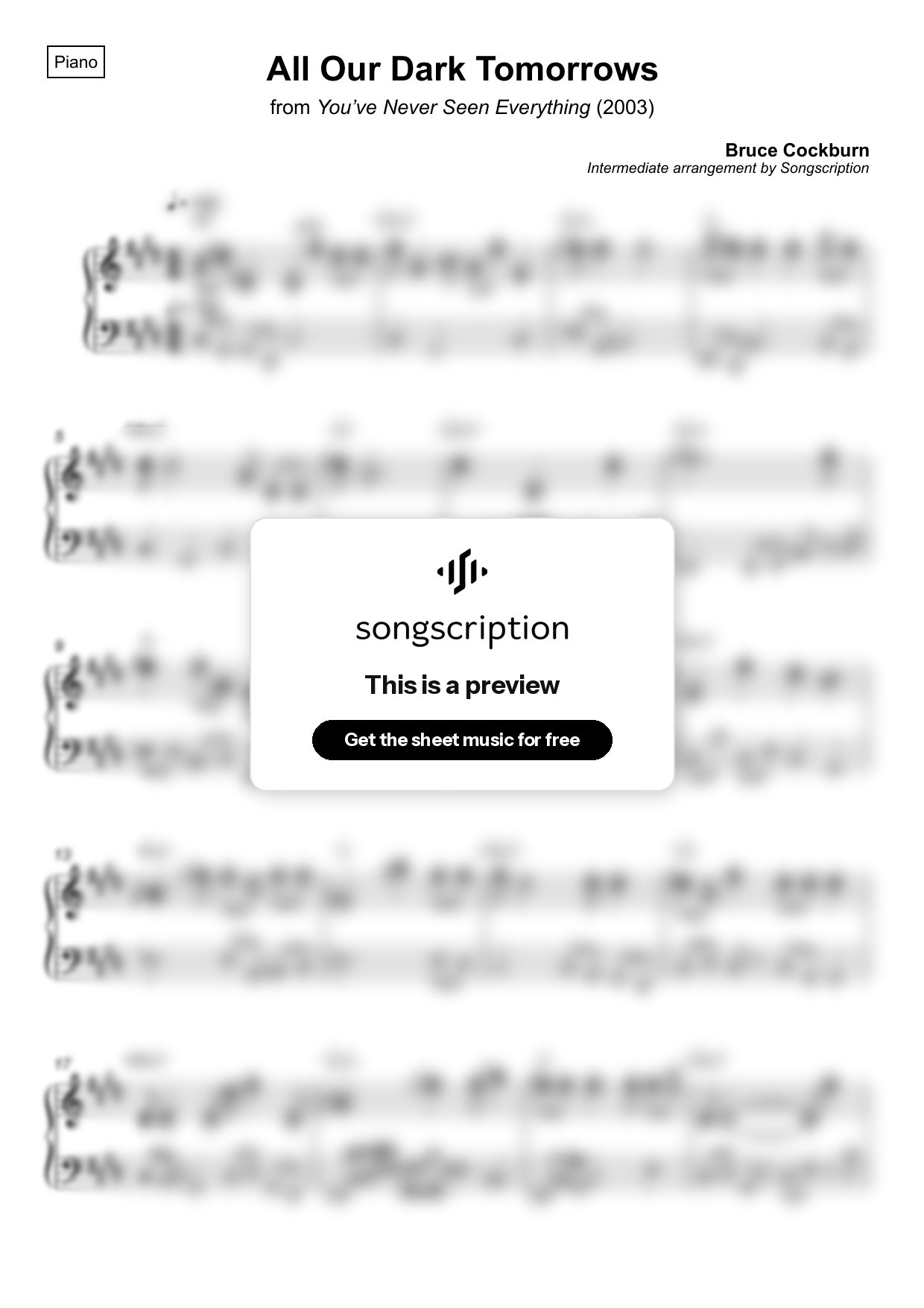 Intermediate Piano Sheet Music for "All Our Dark Tomorrows" by Bruce Cockburn