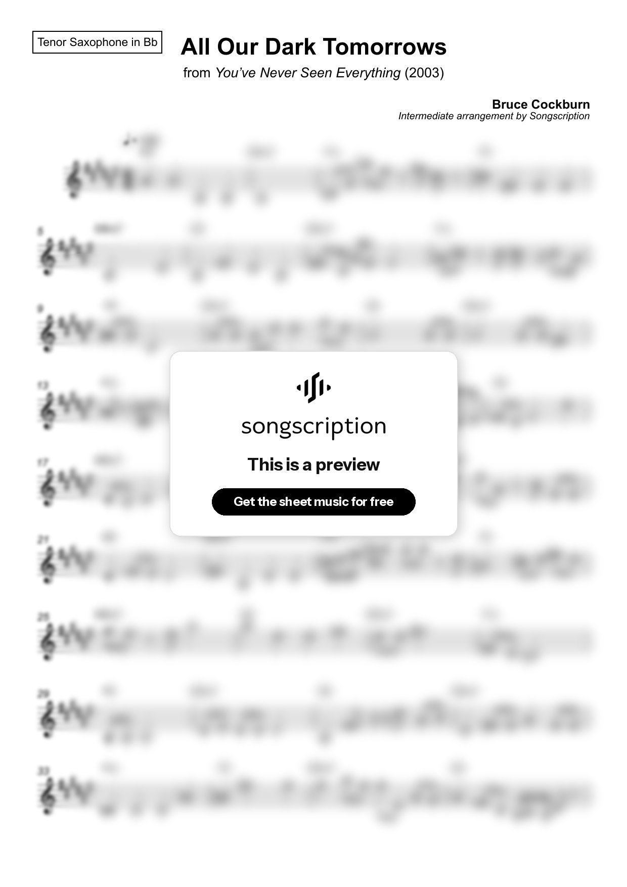 Intermediate Tenor Sax Sheet Music for "All Our Dark Tomorrows" by Bruce Cockburn