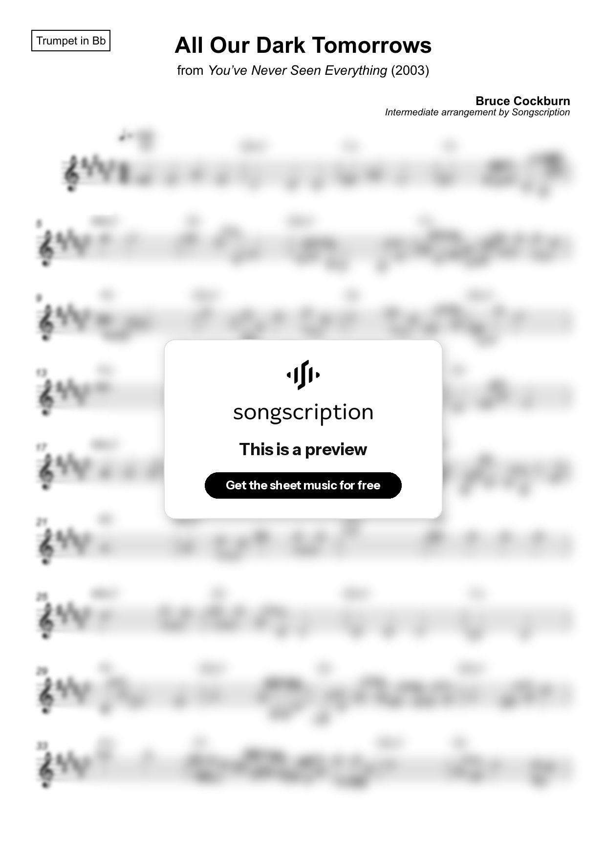 Intermediate Trumpet Sheet Music for "All Our Dark Tomorrows" by Bruce Cockburn