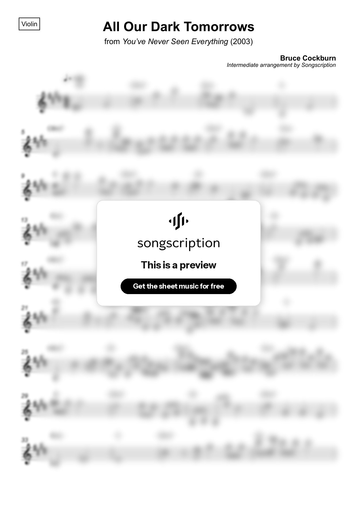 Intermediate Violin Sheet Music for "All Our Dark Tomorrows" by Bruce Cockburn