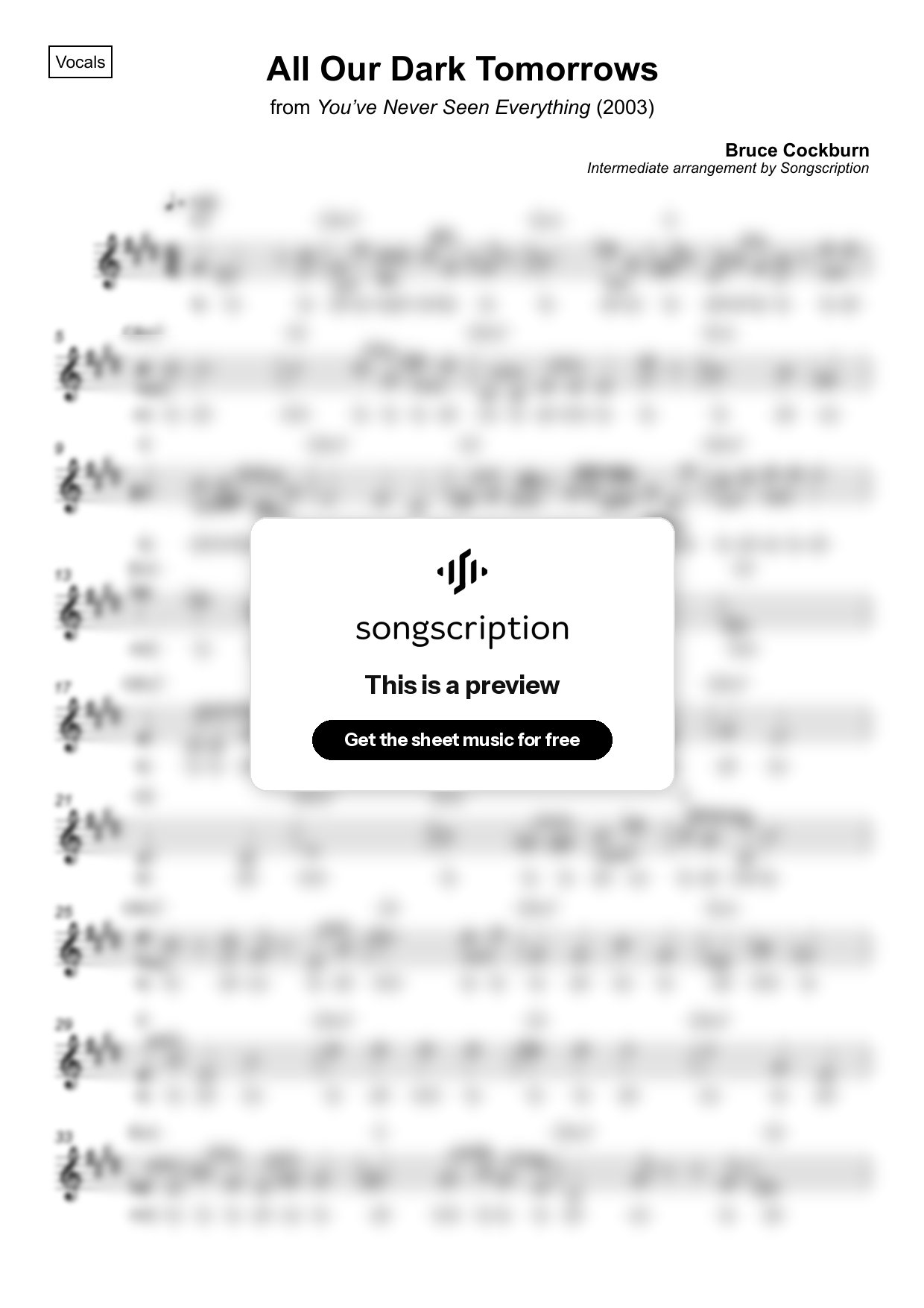 Intermediate Vocals Sheet Music for "All Our Dark Tomorrows" by Bruce Cockburn
