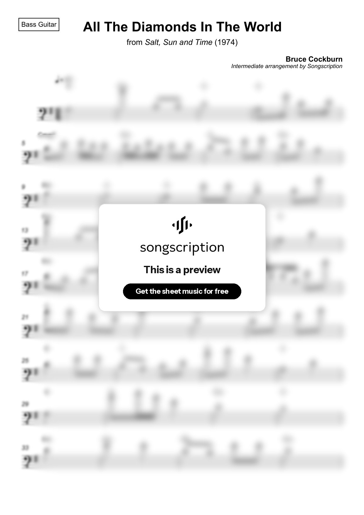 Intermediate Bass Guitar Sheet Music for "All The Diamonds In The World" by Bruce Cockburn