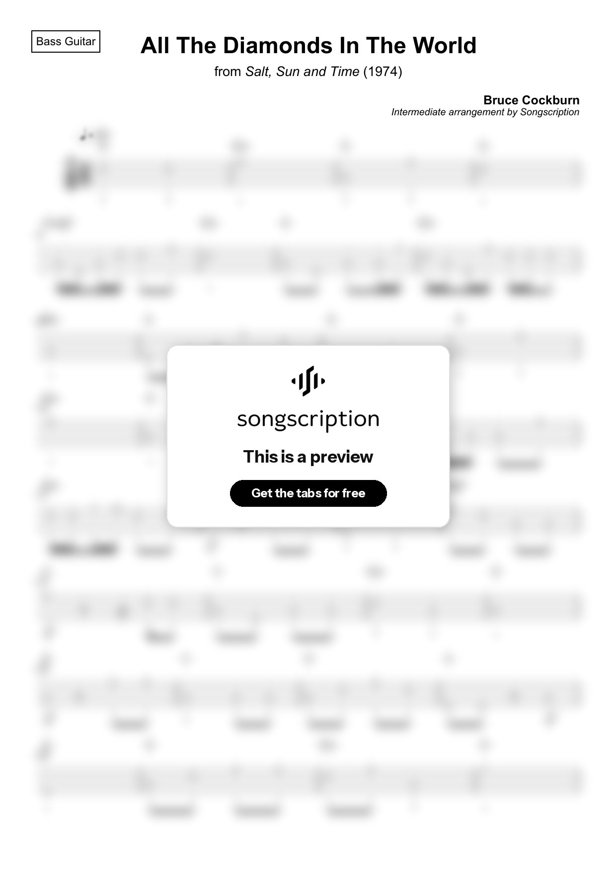 Intermediate Bass Guitar Tabs for "All The Diamonds In The World" by Bruce Cockburn