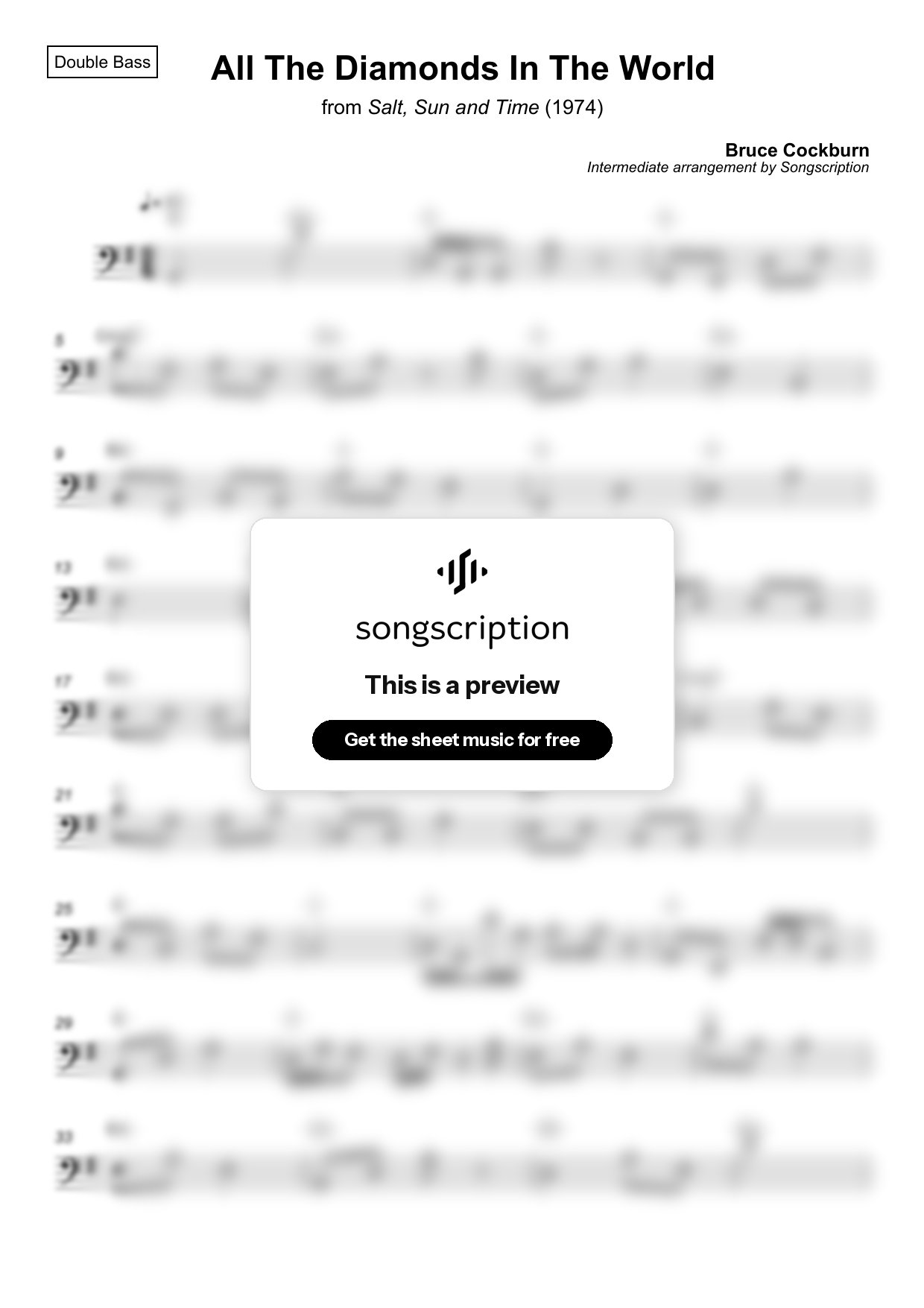 Intermediate Double Bass Sheet Music for "All The Diamonds In The World" by Bruce Cockburn