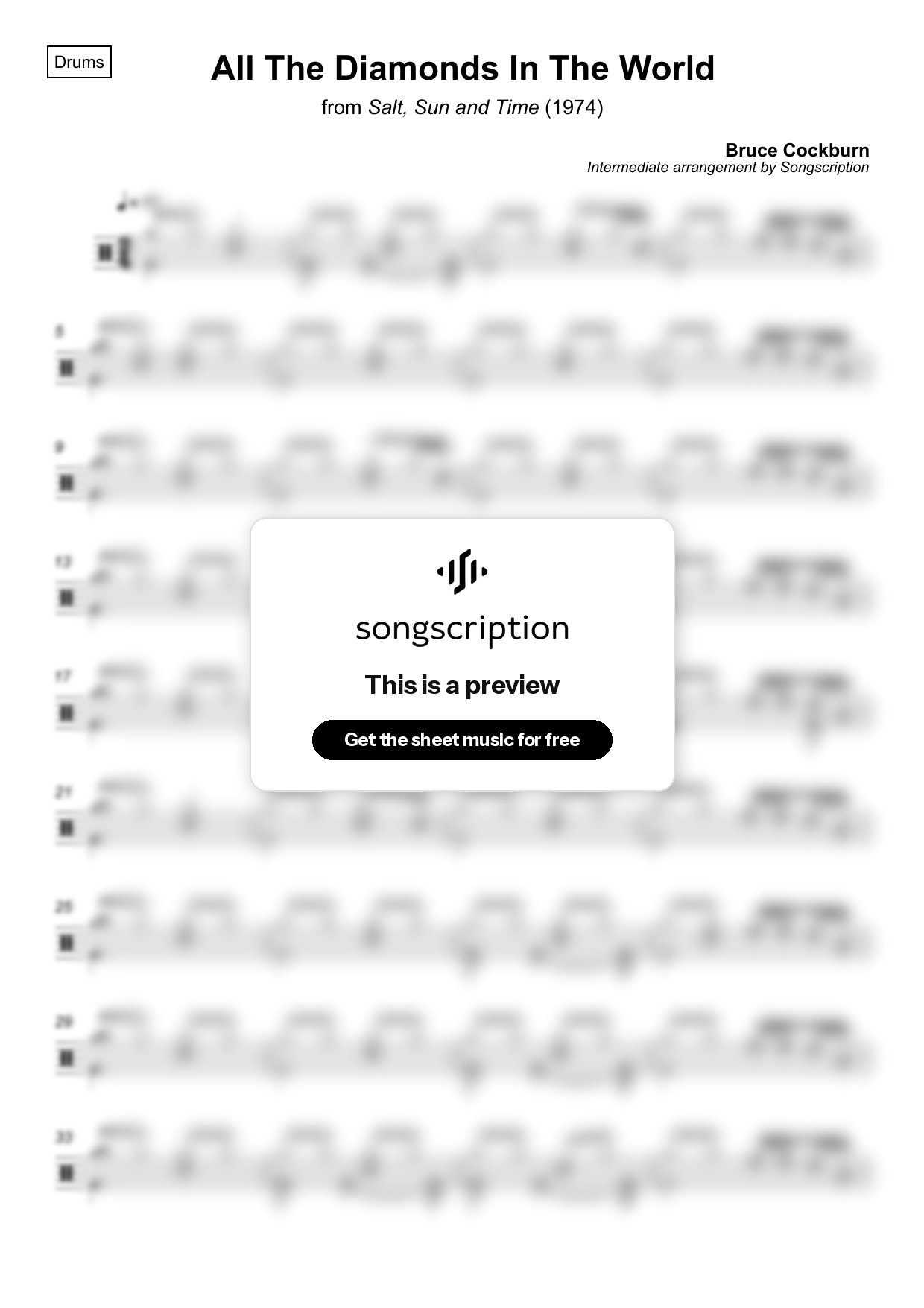Intermediate Drums Sheet Music for "All The Diamonds In The World" by Bruce Cockburn