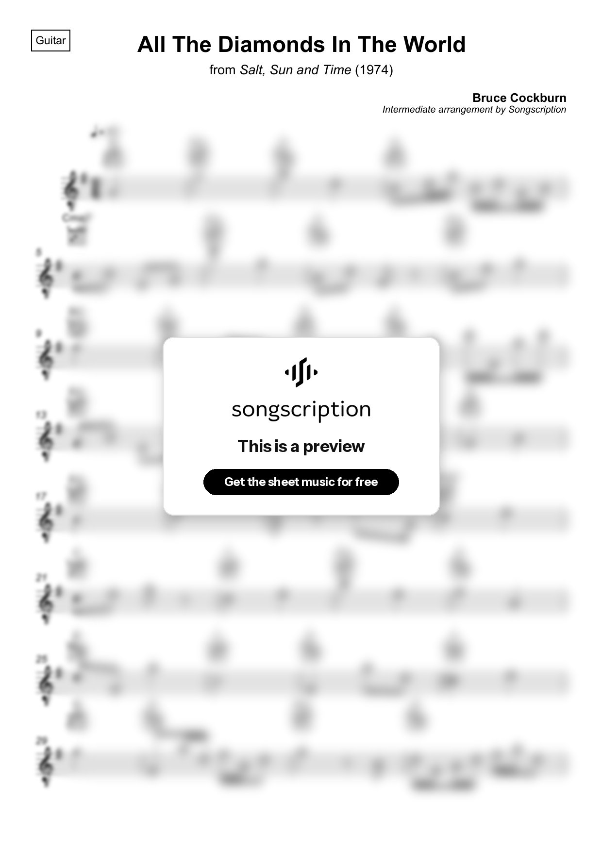 Intermediate Acoustic Guitar Sheet Music for "All The Diamonds In The World" by Bruce Cockburn