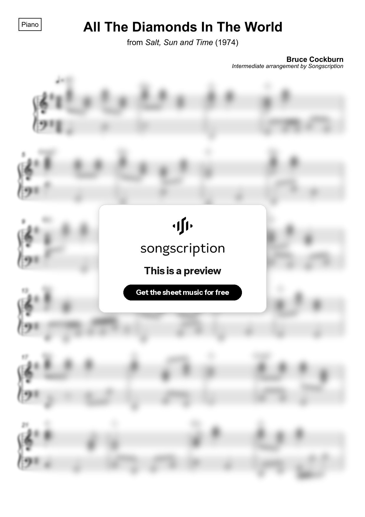 Intermediate Piano Sheet Music for "All The Diamonds In The World" by Bruce Cockburn