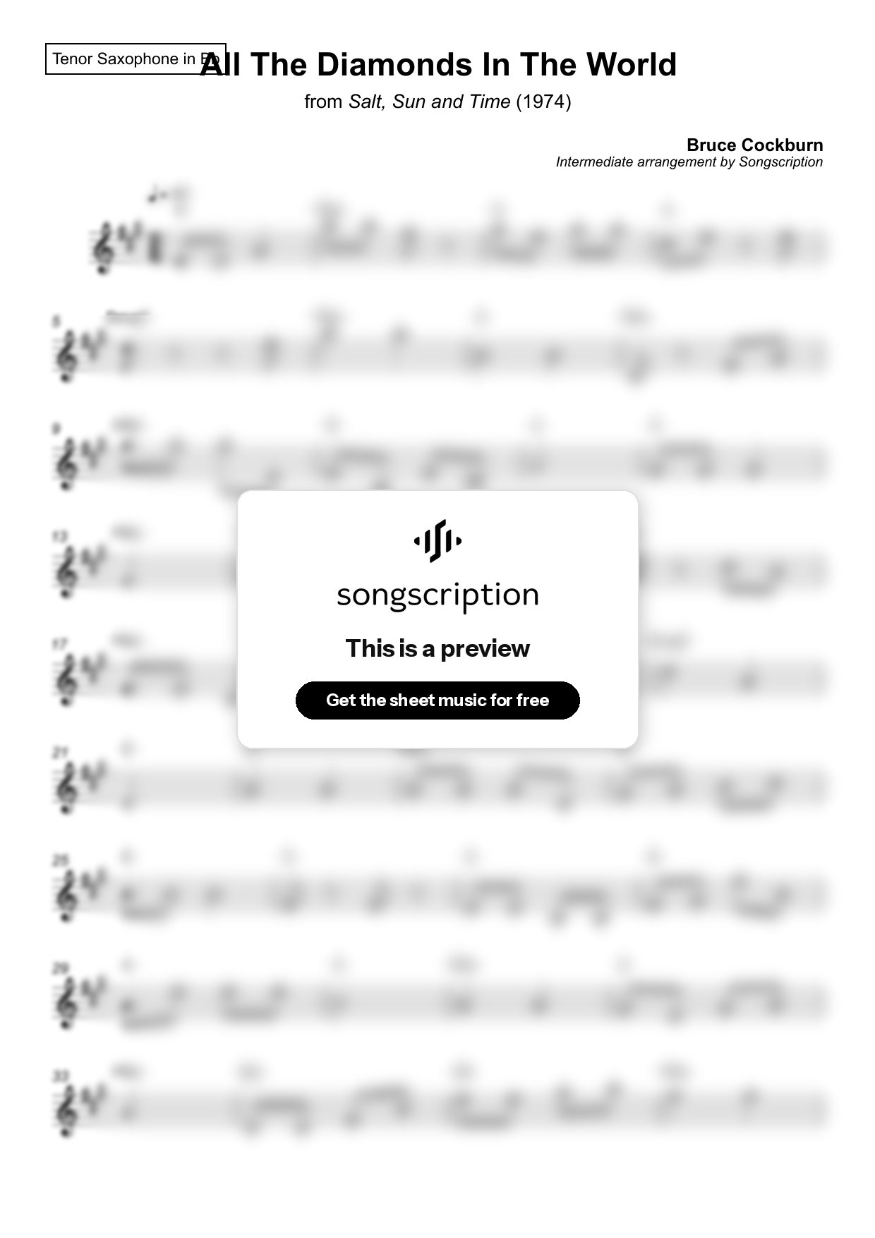 Intermediate Tenor Sax Sheet Music for "All The Diamonds In The World" by Bruce Cockburn