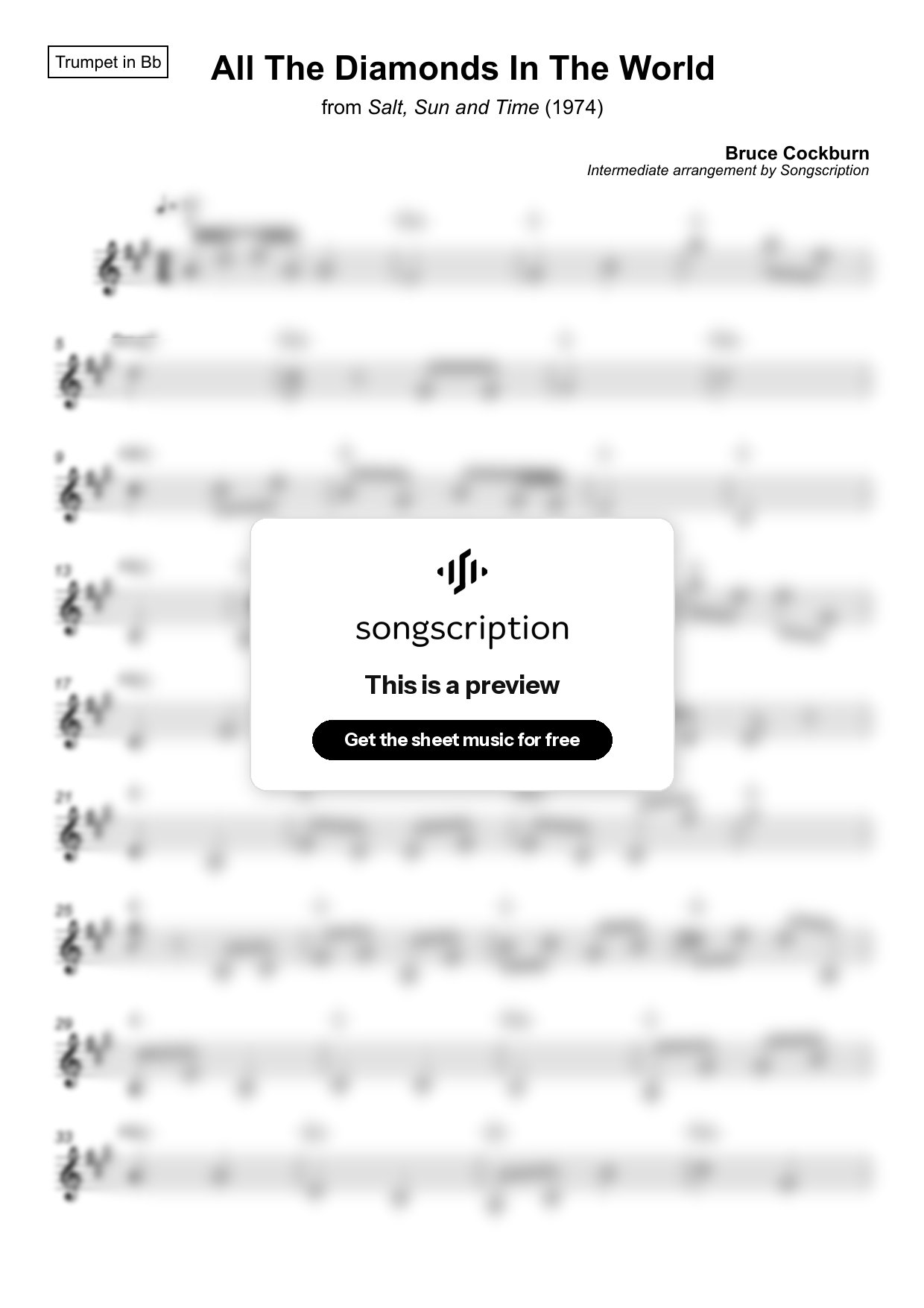 Intermediate Trumpet Sheet Music for "All The Diamonds In The World" by Bruce Cockburn